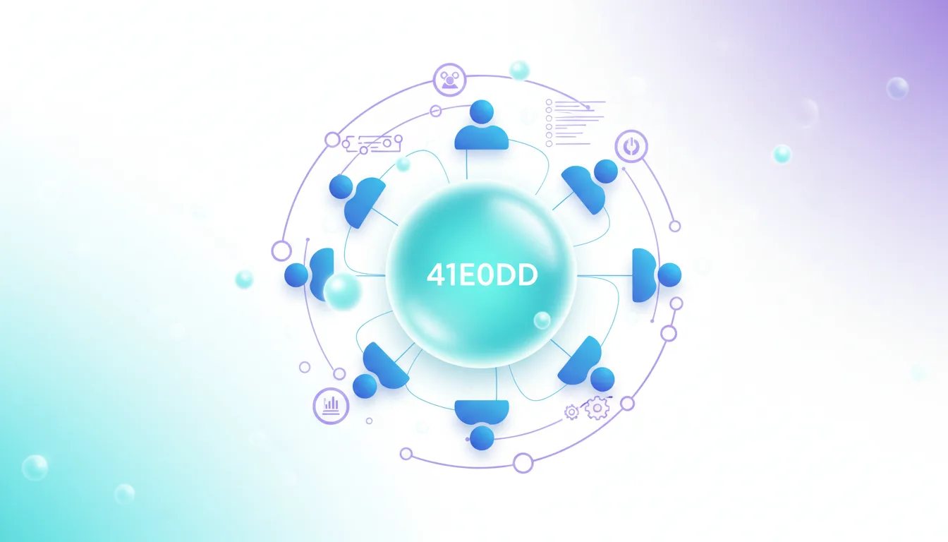 Abstract network diagram showing a central sphere labeled 41E0DD connected to multiple user icons, representing collaborative AI workflows.