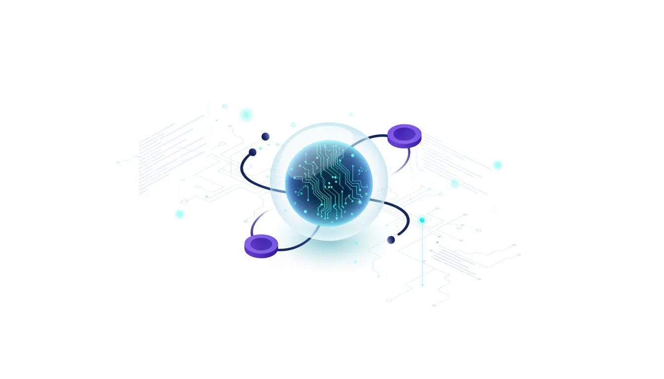 Abstract digital atom with a glowing circuit board core and orbiting nodes, representing AI technology and connectivity.