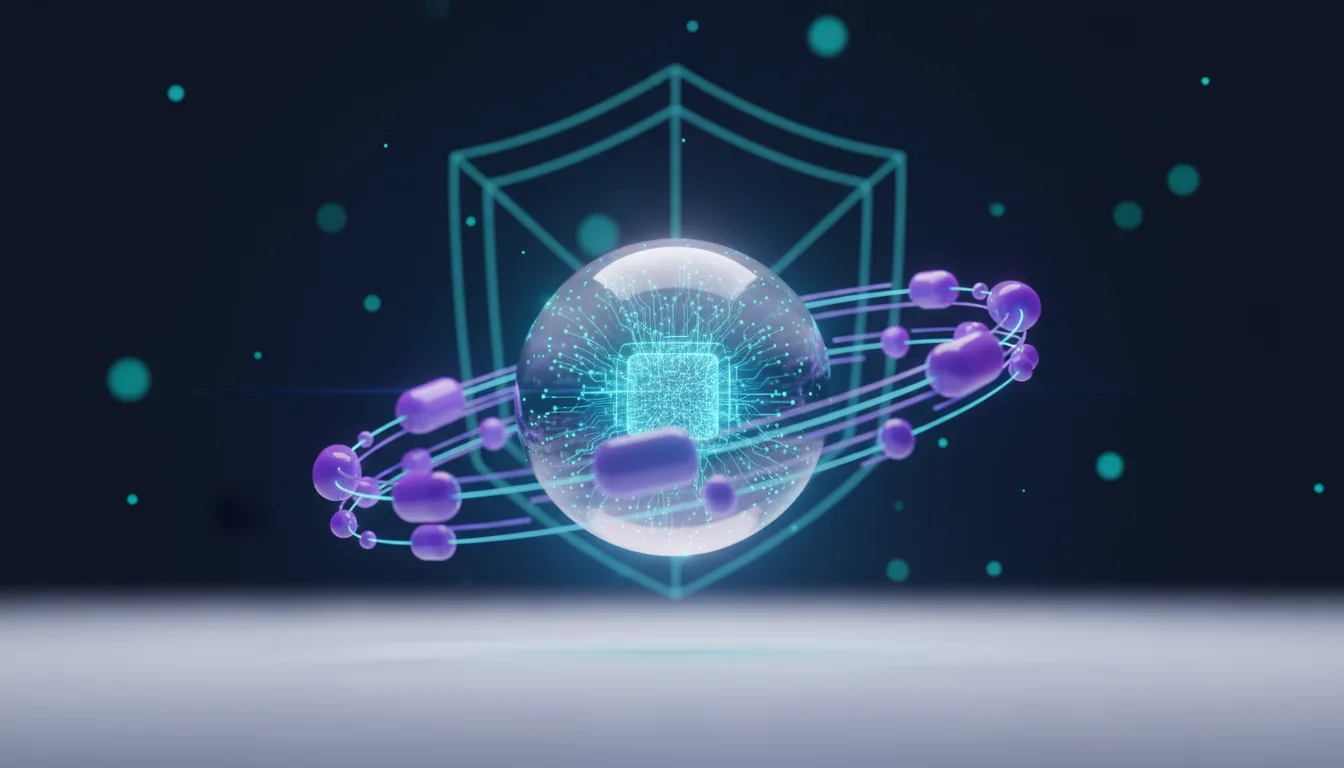 Abstract digital shield protecting a glowing orb with a microchip, representing AI cybersecurity automation.
