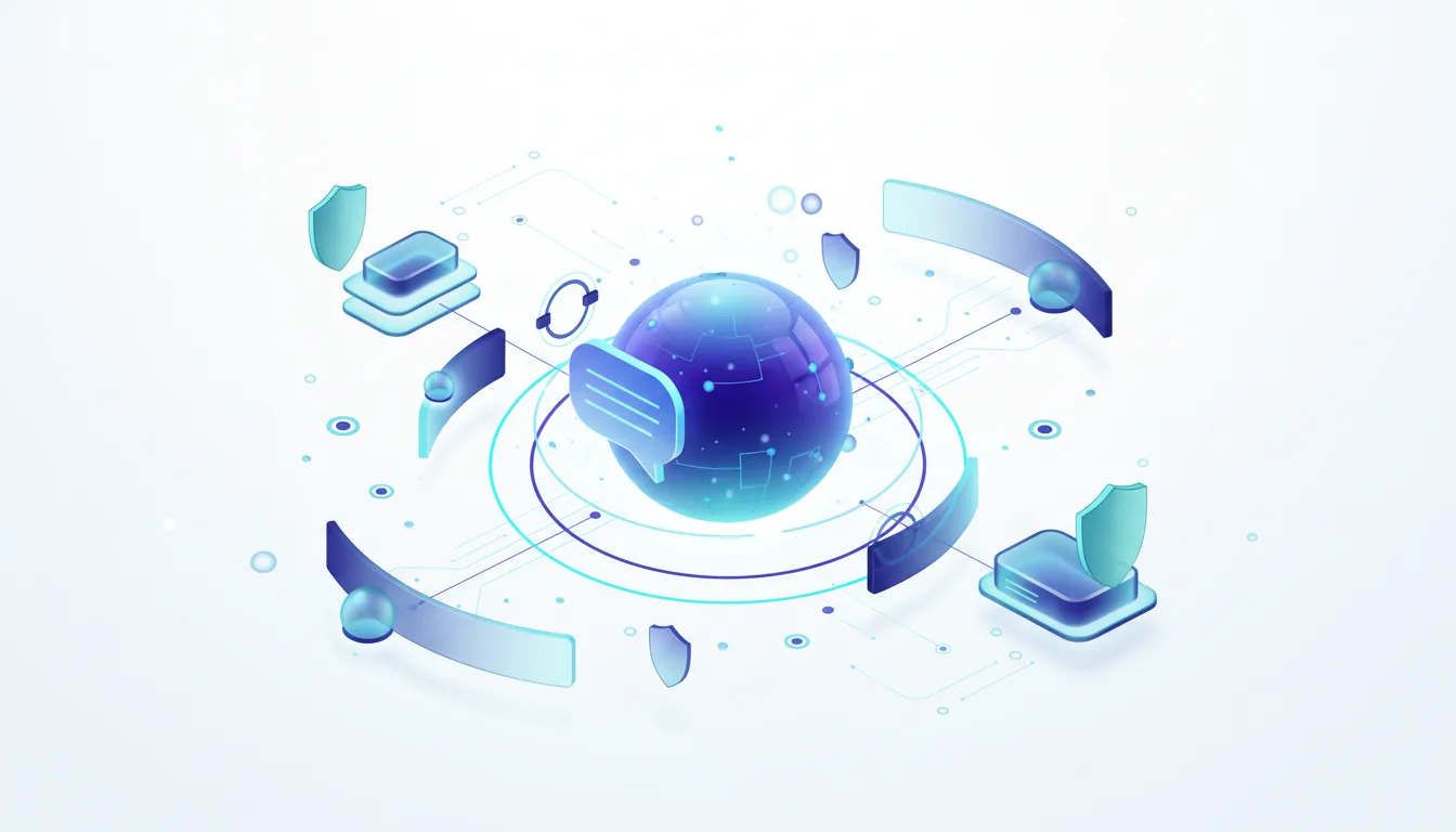 Abstract visualization of a glowing blue sphere surrounded by interconnected nodes, shields, and data streams, representing autonomous AI security testing.