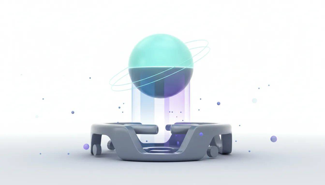 Abstract sphere with rings levitating above a futuristic platform, symbolizing AI innovation and enterprise readiness challenges.