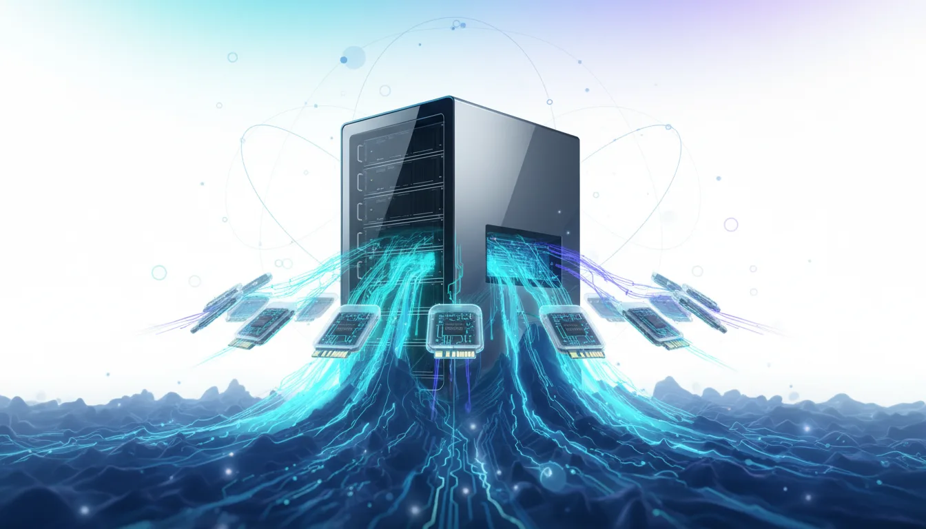 Data center server rack connected to multiple flash storage modules via glowing blue energy streams, illustrating software optimization for efficiency.