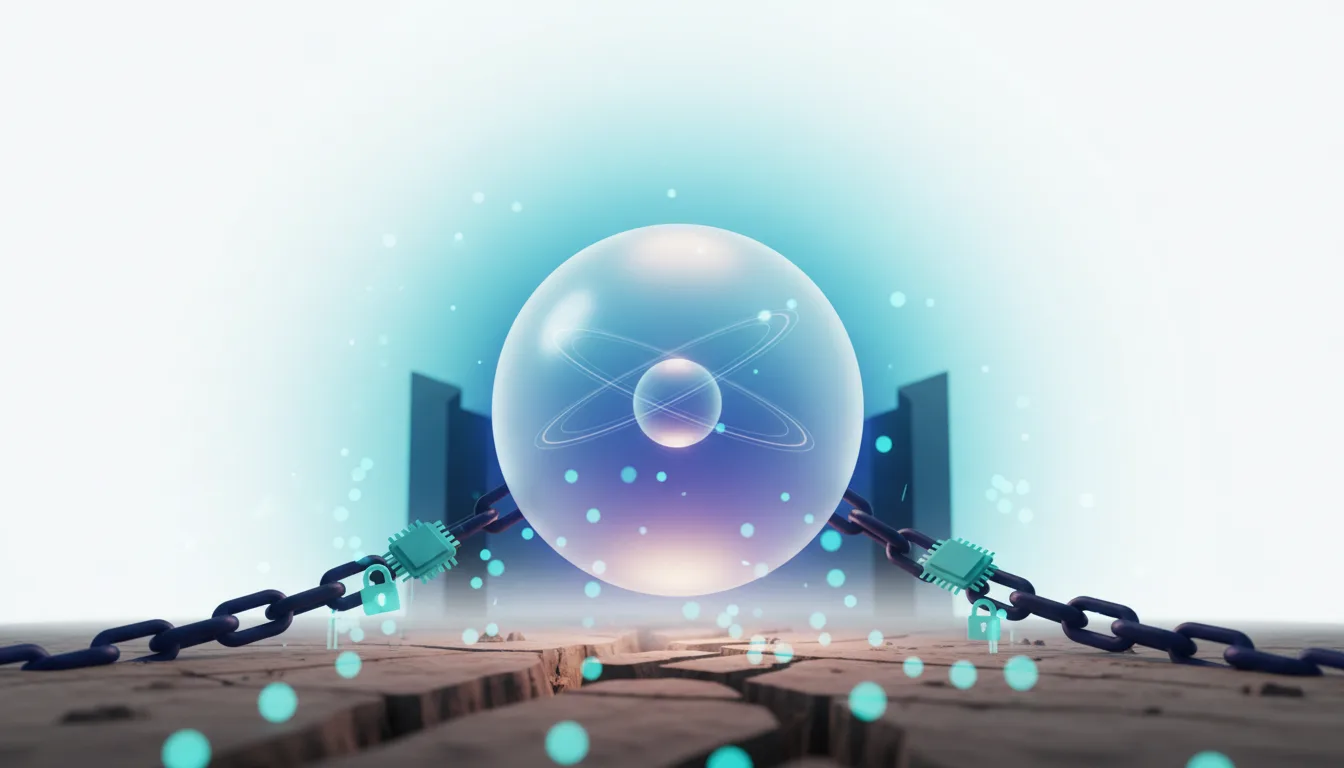 Abstract atom symbol in a bubble, chained by digital links with microchips and locks, representing AI constraints.