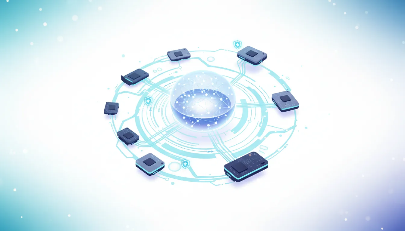 Abstract network diagram showing multiple GPUs connected to a central glowing sphere, representing decentralized AI training.
