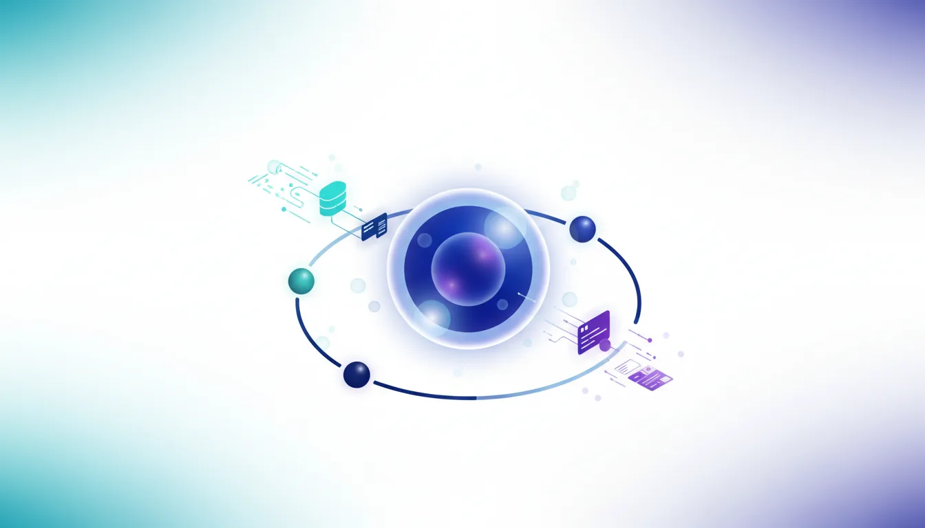 Abstract visualization of an AI agent core with orbiting nodes connecting to data and communication interfaces, representing Google's Deep Research Max and MCP.