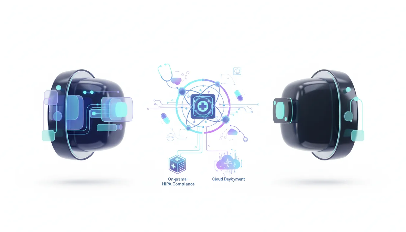 Abstract visualization of AI in healthcare, showing medical icons, HIPAA compliance, and cloud deployment options between two futuristic interfaces.