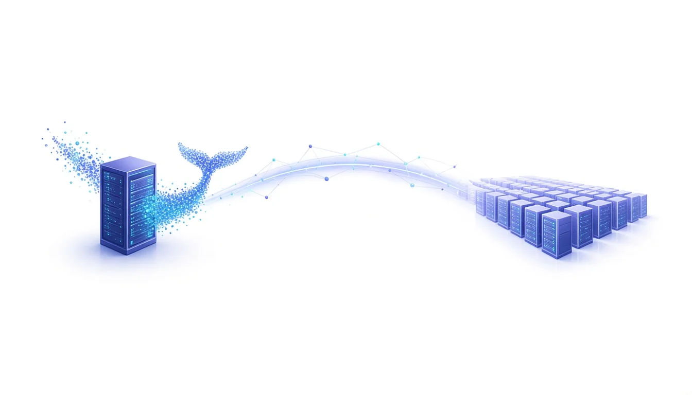 A single glowing server rack with a particle whale tail linked by a light arc to a large grid of many server racks