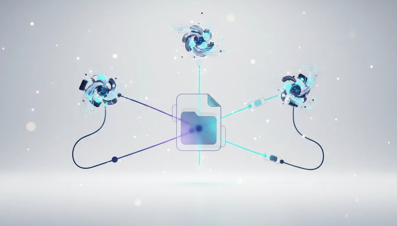 Abstract representation of a file folder connected to three swirling, futuristic AI processing units, symbolizing data management and AI integration.