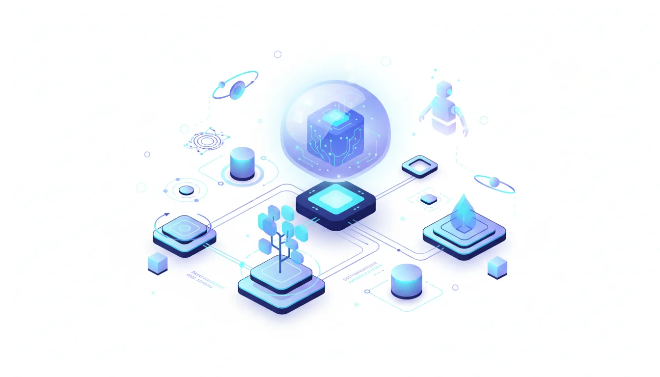 Abstract illustration of an autonomous AI coding agent workflow with interconnected nodes, a central cube, and a robot figure.