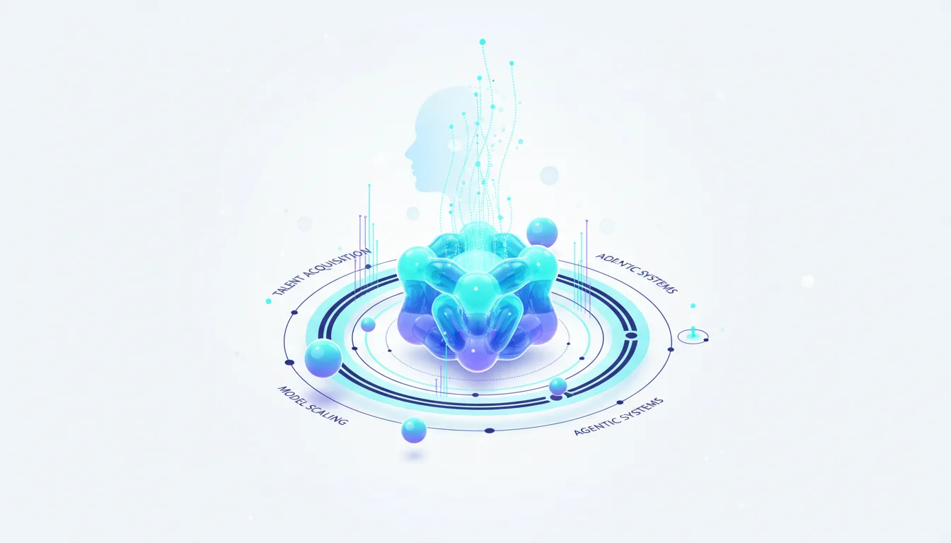 Abstract AI concept with a human head silhouette, data streams, and circular diagrams labeled talent acquisition, model scaling, and agentic systems.