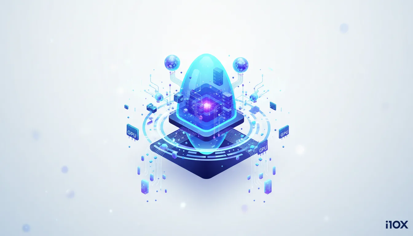Abstract futuristic AI core with glowing processors and surrounding GPU components, representing efficient LLM inference.