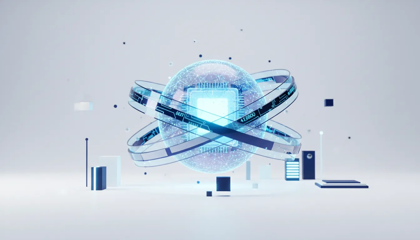 Abstract digital sphere with a glowing central processor and orbiting rings, symbolizing AI infrastructure and data processing.