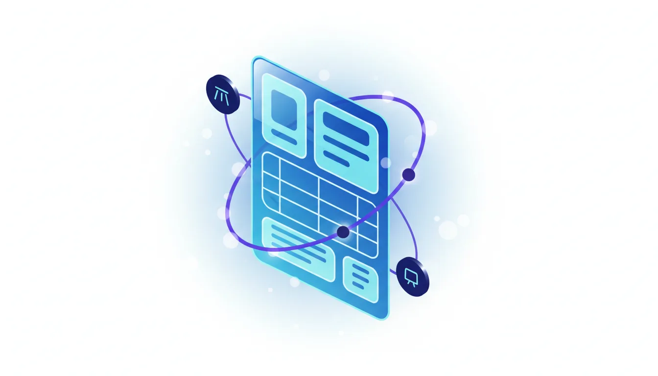 Abstract illustration of a document with a complex layout, including tables and text blocks, connected by a flow path.