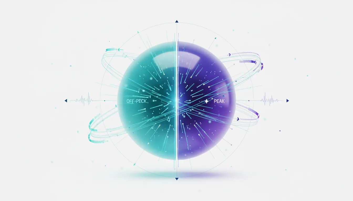 Abstract sphere divided into peak and off-peak sections, illustrating DeepSeek's new time-based API pricing model for AI inference.