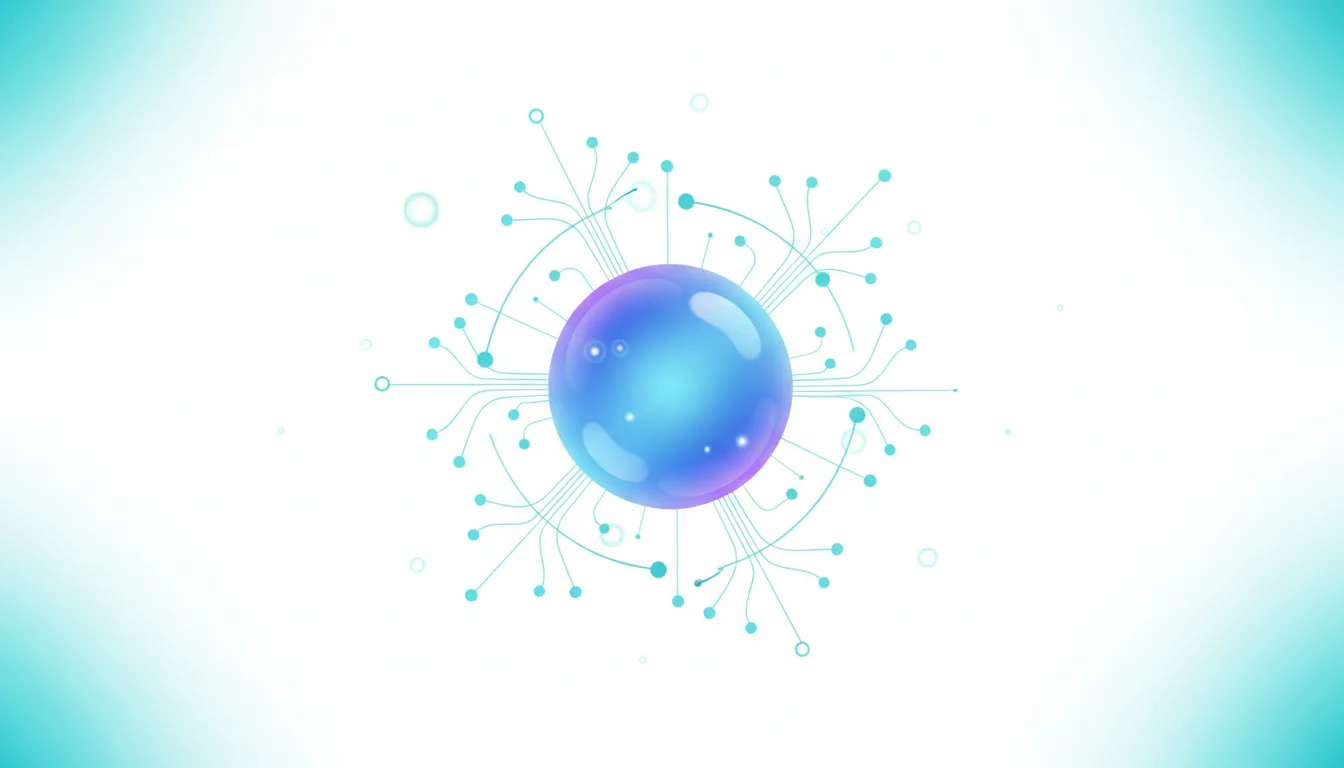 Abstract visualization of a central blue sphere connected by light blue lines to nodes, representing AI network architecture.