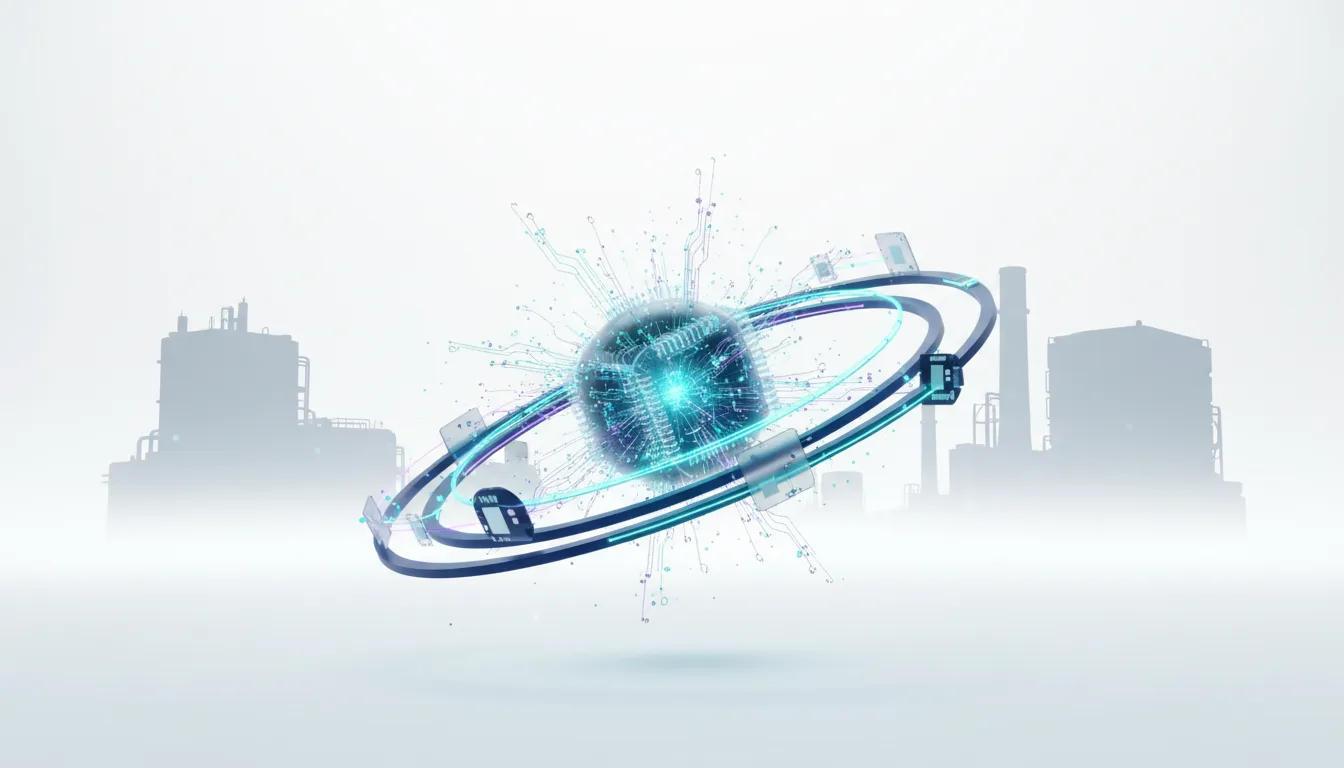 Abstract glowing AI core with circuits and orbiting components, set against a hazy industrial background symbolizing AI development and manufacturing.