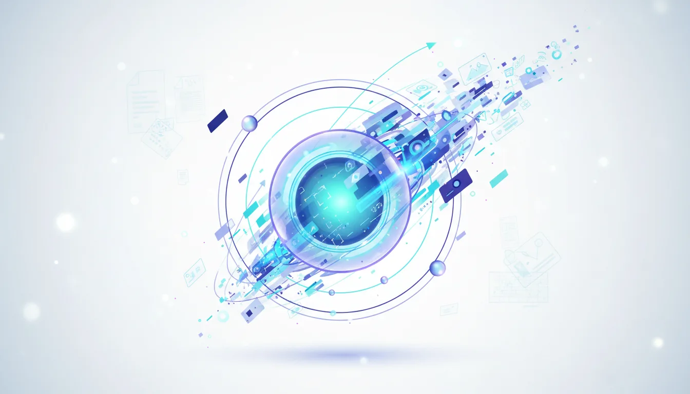 Abstract visualization of a glowing blue orb surrounded by concentric rings and data streams, representing AI processing and visual information.