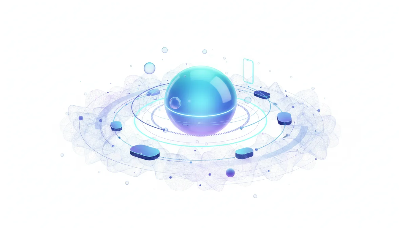 Abstract visualization of a glowing sphere surrounded by orbiting elements and digital interfaces, representing AI technology and multimodal interaction.