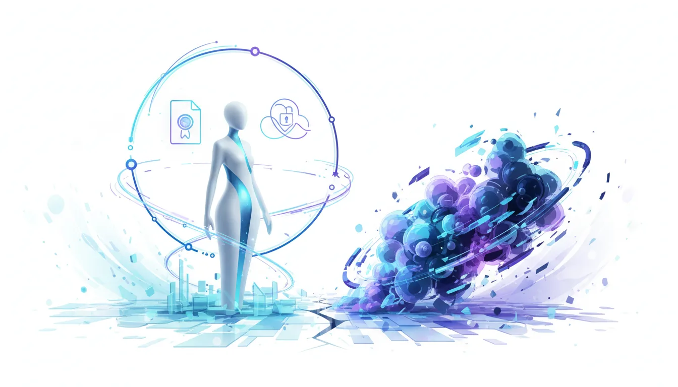 Abstract human figure surrounded by digital rings with icons for certification and cloud security, contrasted with a chaotic explosion of digital particles.