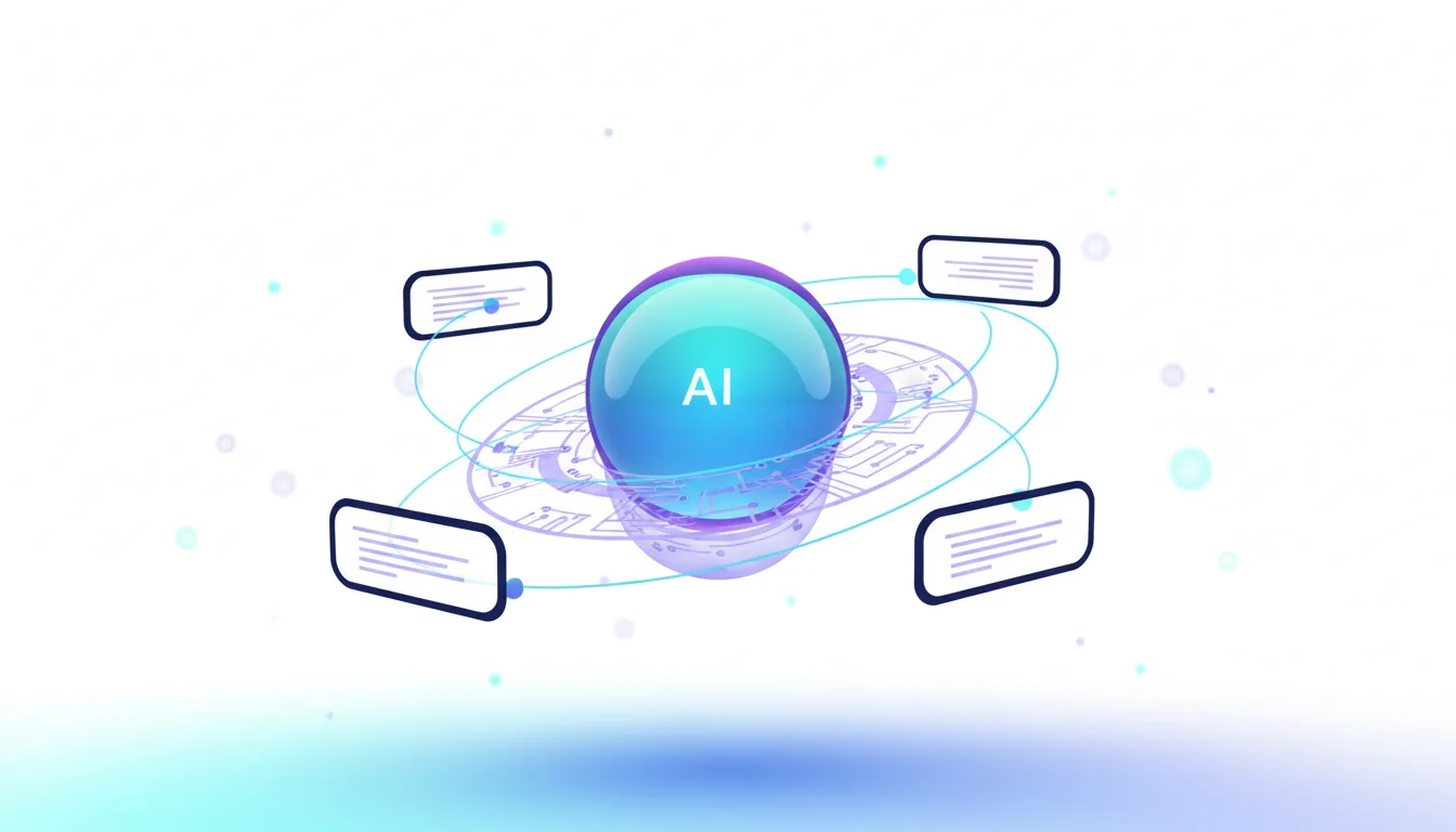 Abstract visualization of AI with a central sphere labeled AI surrounded by orbiting data modules.