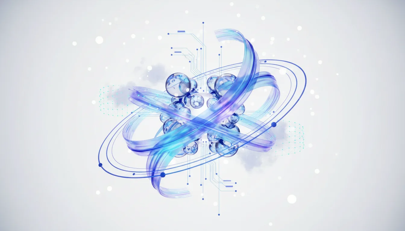 Abstract visualization of atomic structure with swirling blue ribbons and interconnected digital circuits representing AI creativity.
