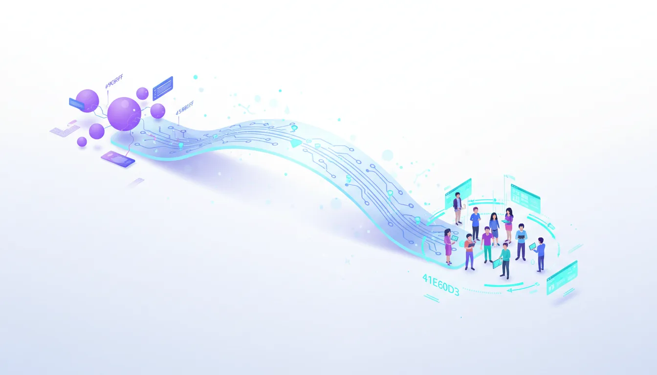 Diverse group of people interacting with digital interfaces connected by a glowing circuit pathway, symbolizing AI and digital inclusion.