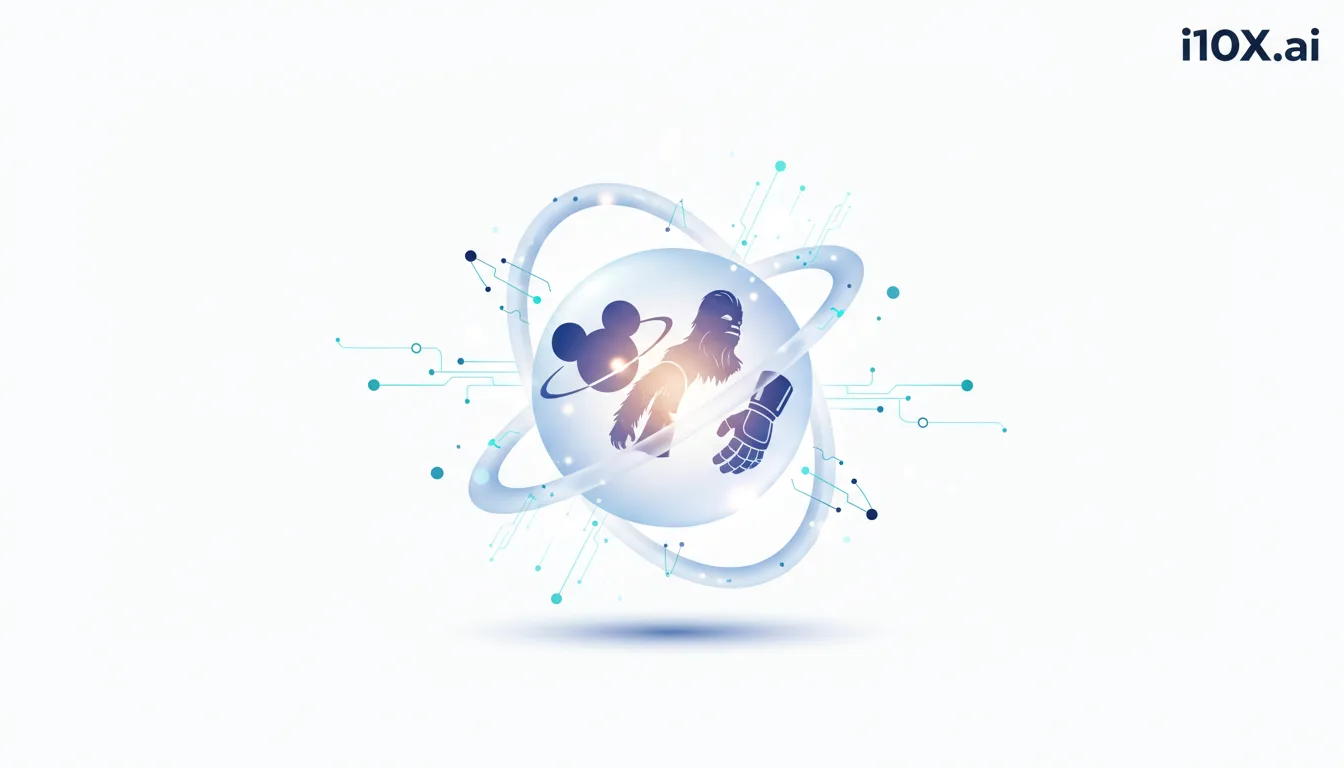 Disney, Marvel, and Star Wars characters Mickey Mouse, Chewbacca, and Infinity Gauntlet within a glowing orb representing AI integration.