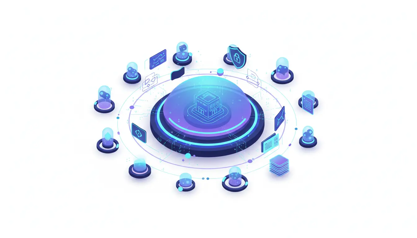 Abstract illustration of an institutional AI marketplace connecting businesses with autonomous agent workflows