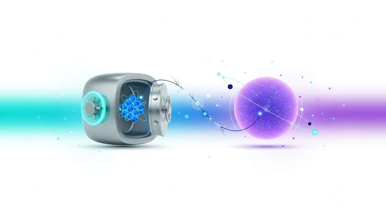 A safe containing atomic particles connects to a glowing purple sphere representing AI, symbolizing investment and risk.