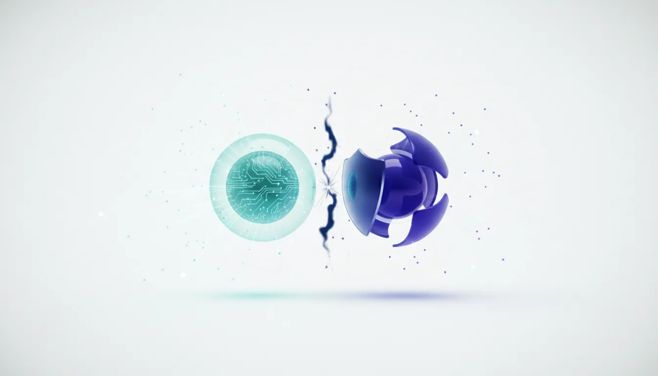 Abstract representation of AI conflict with a glowing circuit board sphere facing a protective purple structure.
