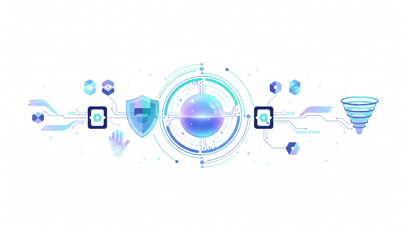 Abstract digital network illustration showing a central glowing sphere connected by circuits to icons representing security, play, hand, code, and data processing.