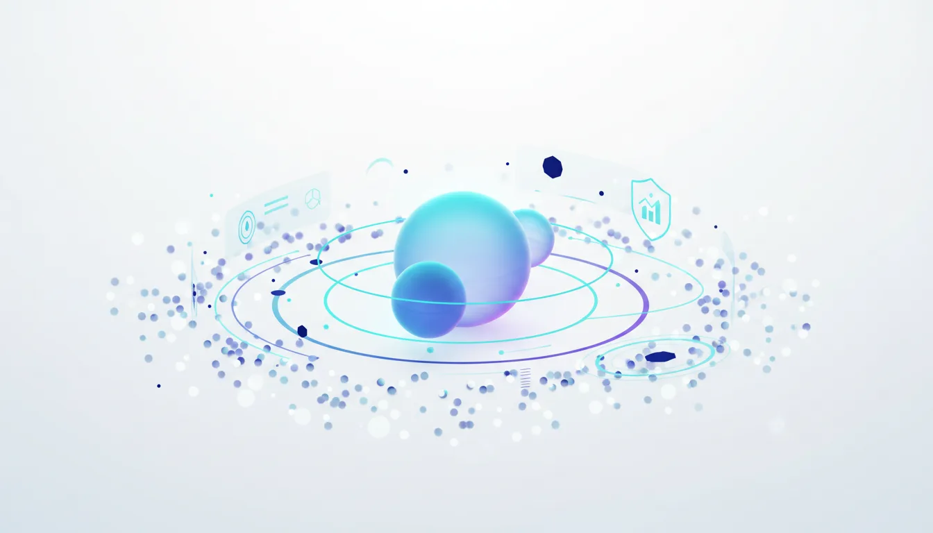 Abstract visualization of interconnected spheres and data points representing AI consolidation and core portfolios.