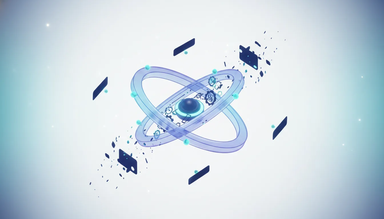 Abstract 3D rendering of an atom-like structure with orbiting rings and gears, symbolizing integrated enterprise AI systems and governance.