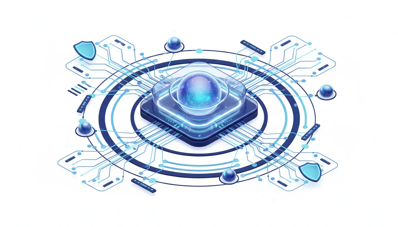 Abstract illustration of a central AI core connected by circuits to surrounding nodes with shield icons, representing enterprise AI stability.
