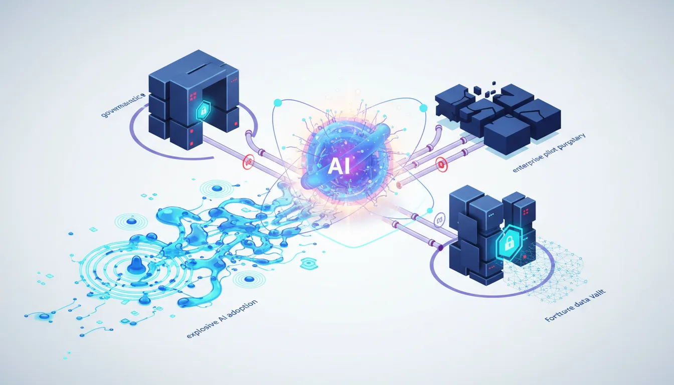 Diagram illustrating AI adoption challenges: explosive adoption flows into AI core, then splits towards enterprise pilot purgatory and secure data infrastructure.