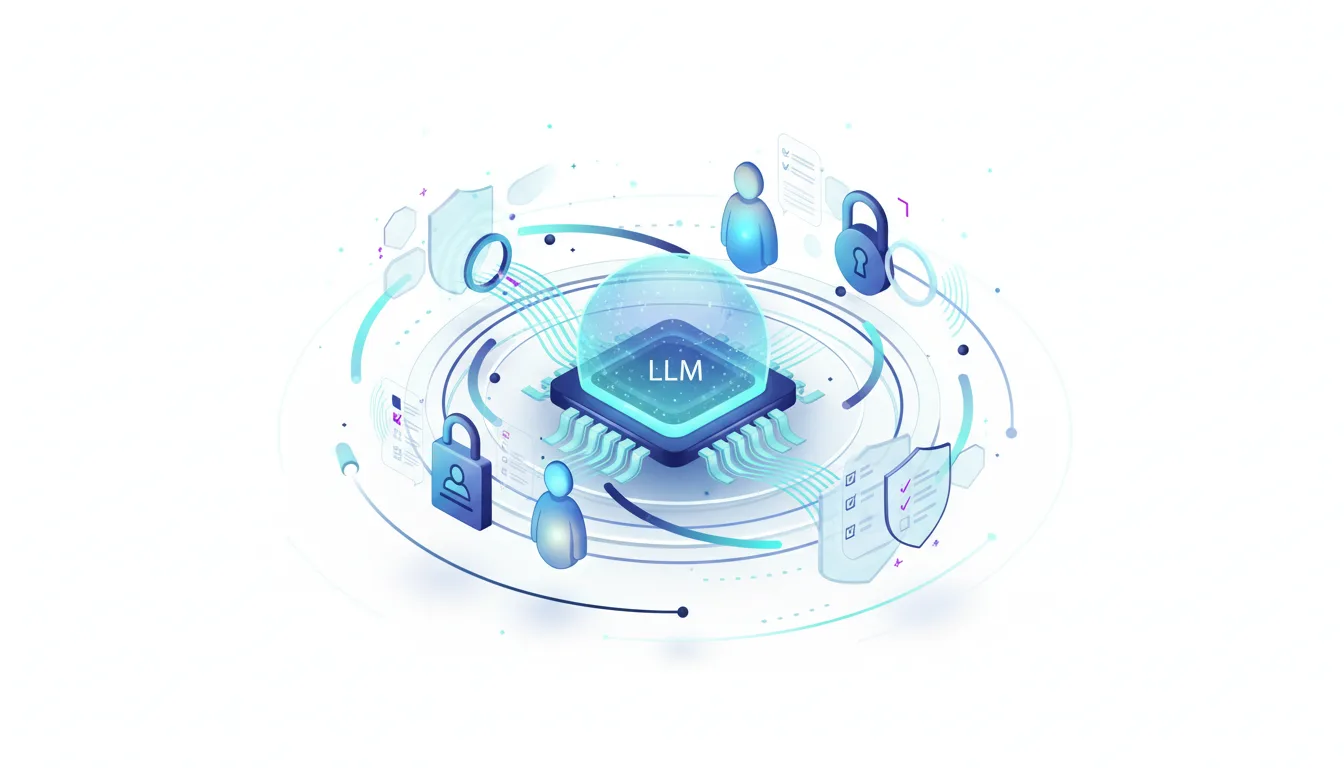 Abstract illustration of an LLM chip surrounded by icons representing human oversight, security locks, and compliance checklists, symbolizing enterprise AI adoption challenges.