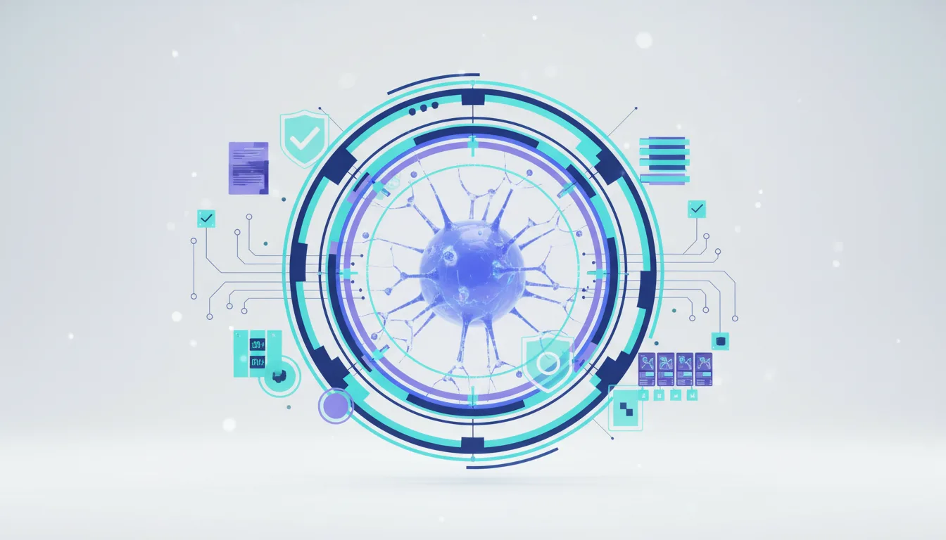 Abstract digital representation of a virus or AI model within a circular interface with technological and security icons.