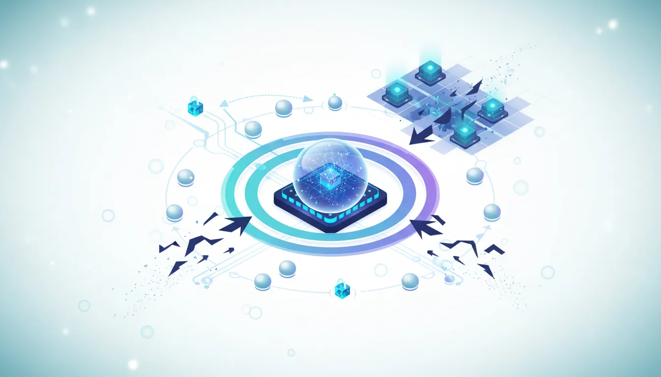 Abstract illustration of secure AI model deployment with cryptographic protection and network security elements.