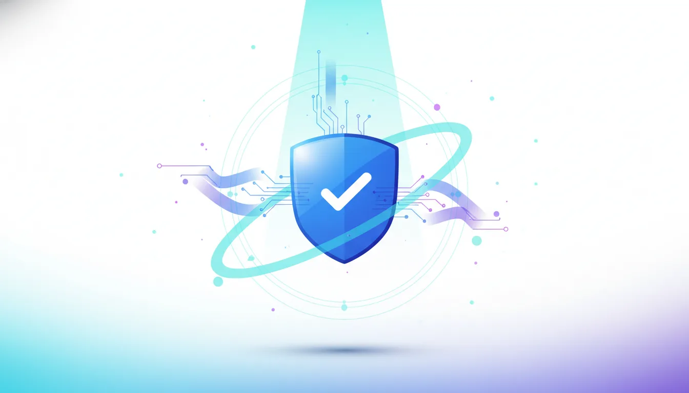 Blue shield with a white checkmark, symbolizing security and compliance, surrounded by digital circuit patterns and glowing rings.