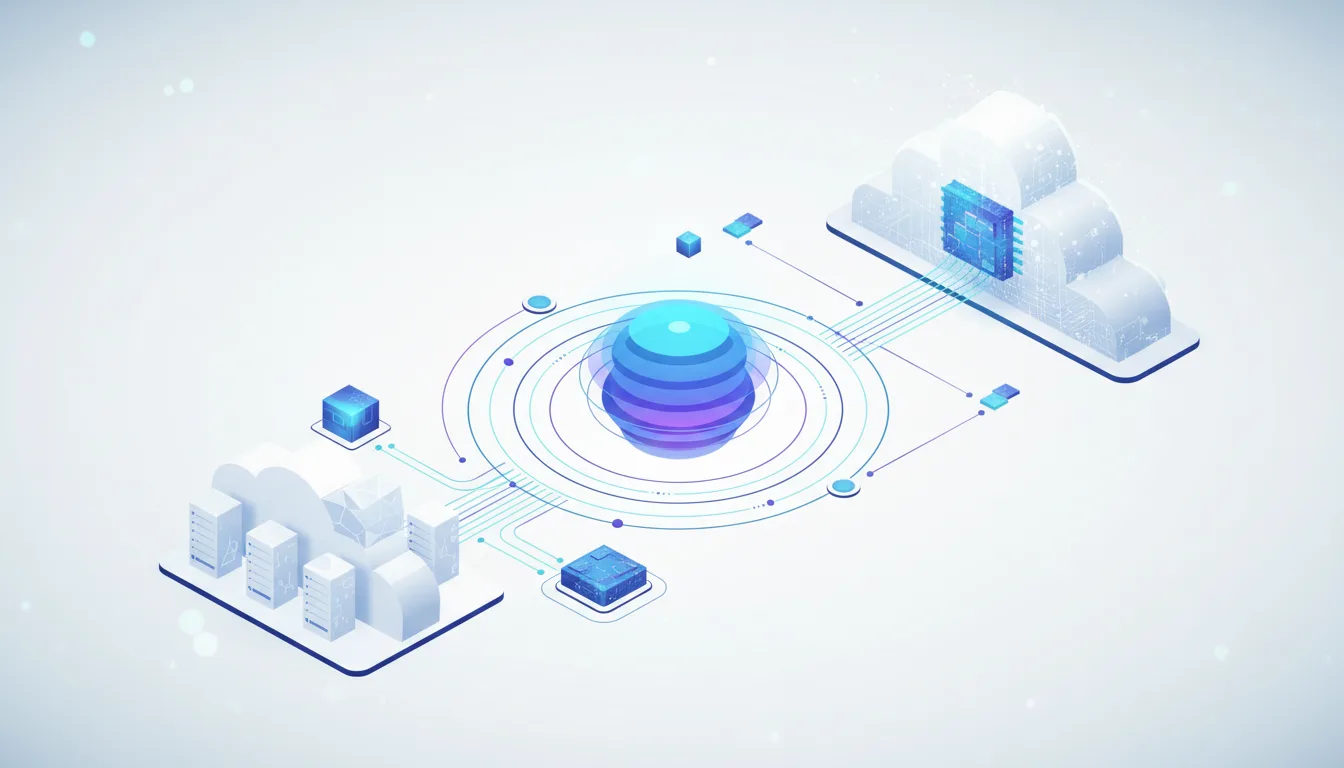 Abstract illustration of interconnected cloud servers and data processing units symbolizing AI infrastructure and data flow.