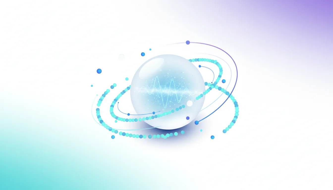 Abstract visualization of a glowing sphere with orbiting rings and particles, representing AI and data processing.