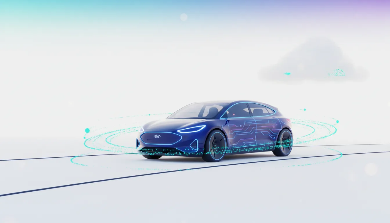 Blue Ford electric vehicle with glowing circuit board patterns and digital data streams representing AI integration.