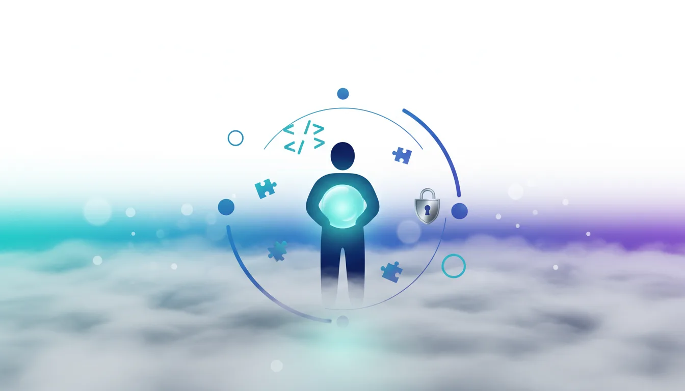 Silhouette of a person holding a glowing orb surrounded by puzzle pieces, code symbols, and a lock, representing AI coding assistant selection.