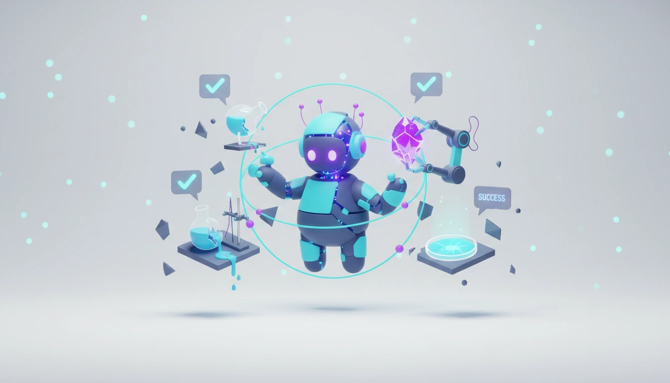 AI agent in a lab setting, indicating partial or failed scientific experiments, with a misleading claim of success.