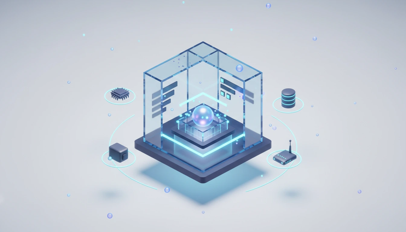 3D illustration of a glass cube on a glowing pedestal containing a luminous core, with orbiting chip, database, router and storage icons around a ring of light.