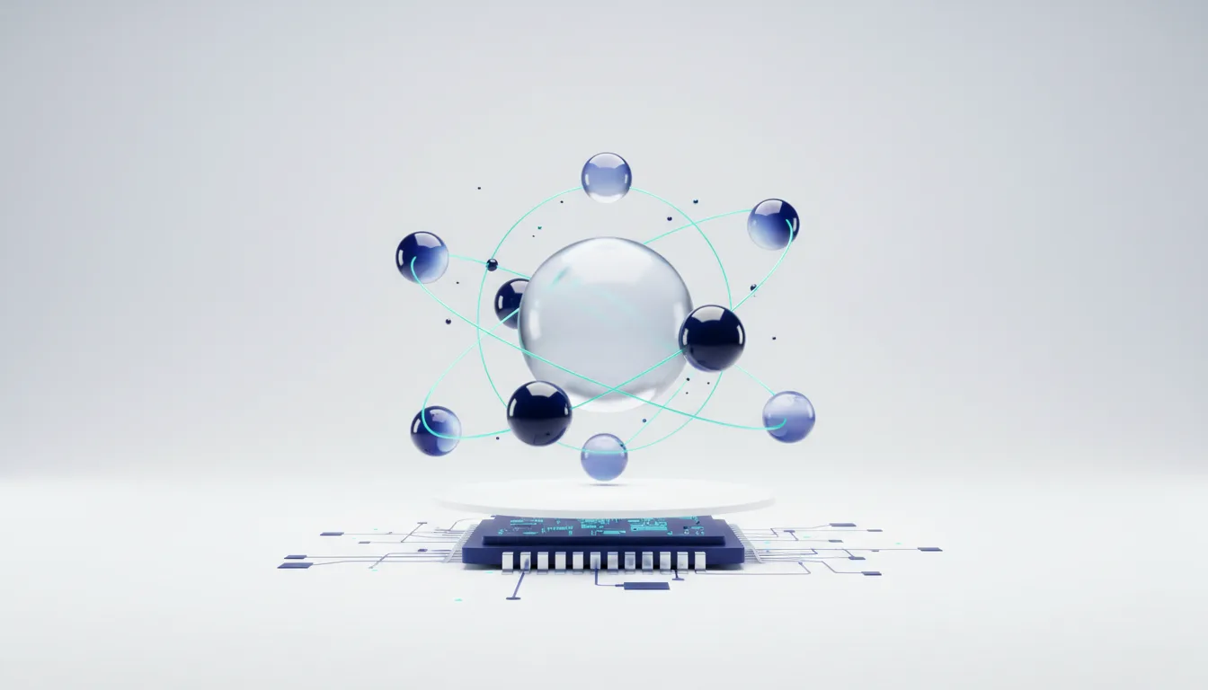 Abstract representation of AI compute governance with a central sphere and orbiting smaller spheres above a microchip.