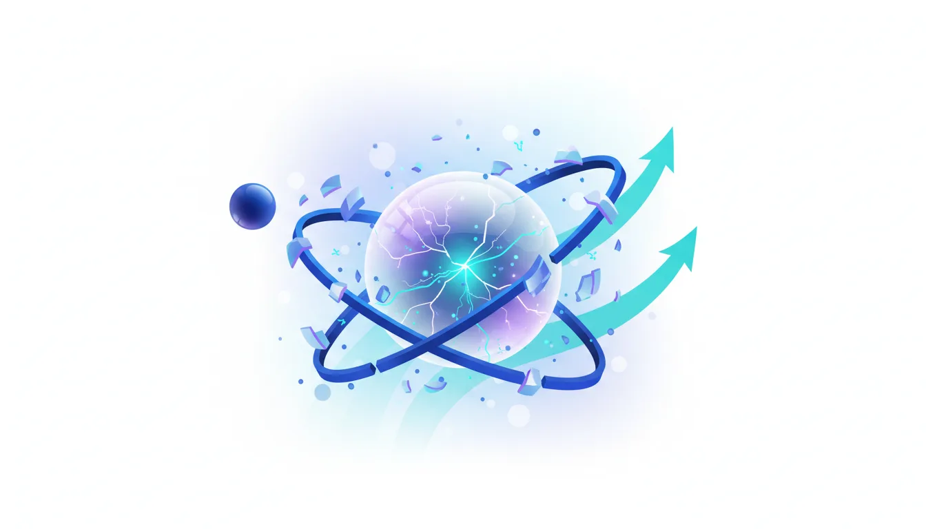 Abstract representation of an atom with a glowing core, surrounded by orbiting rings and shards, with upward arrows indicating progress.