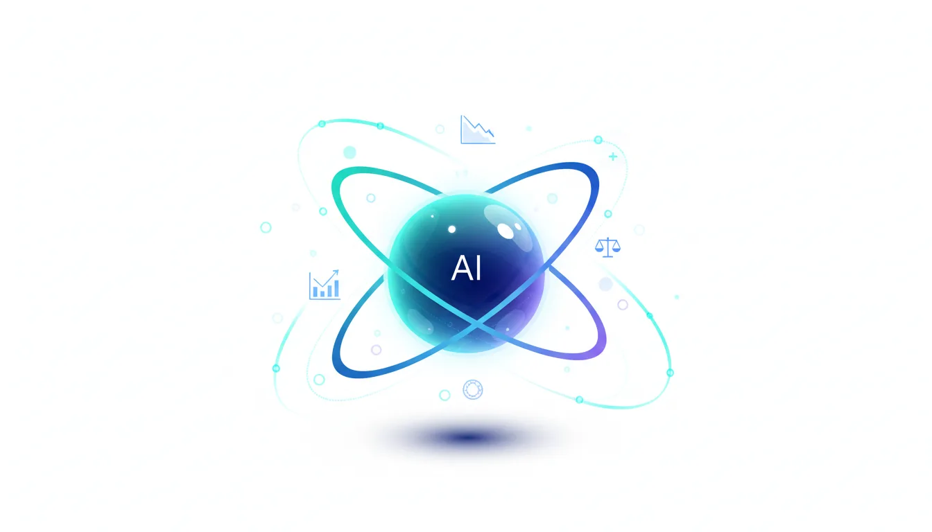 Abstract representation of AI with orbiting rings and icons for data analysis and balance, symbolizing efficient artificial intelligence.