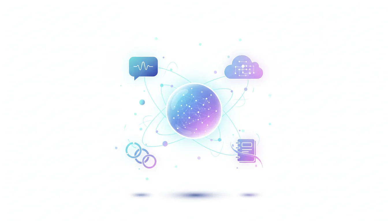 Abstract visualization of Google's Gemini AI model connecting various services like cloud, chat, and data analysis.