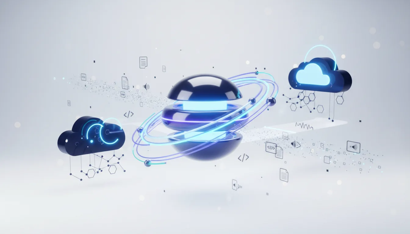 Abstract representation of Gemini 3.5 Pro's architecture with connected cloud icons and data streams, symbolizing enterprise AI integration.